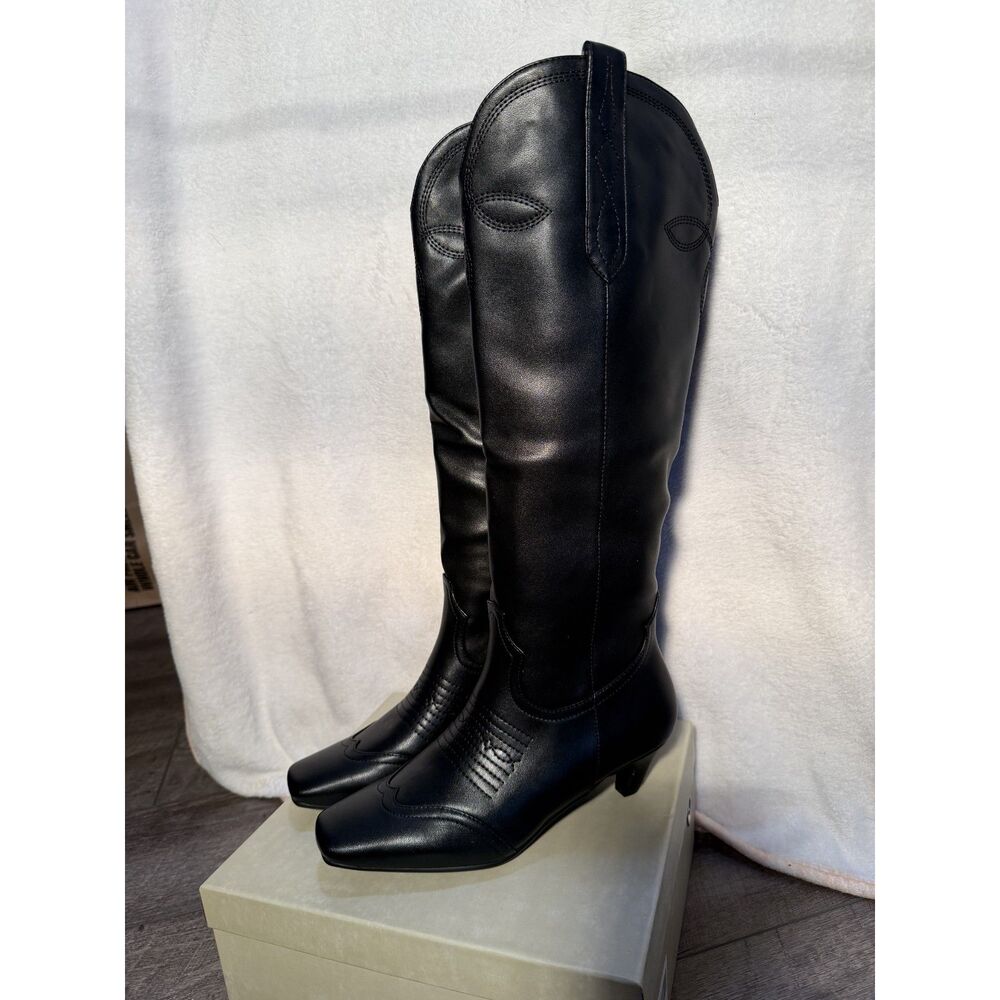 Black Cowboy Knee High Boots Pointed Toe Kitten Heel Western Wide Calf